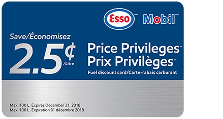2.5 cents per litre price priveleges at Esso and Mobil stations