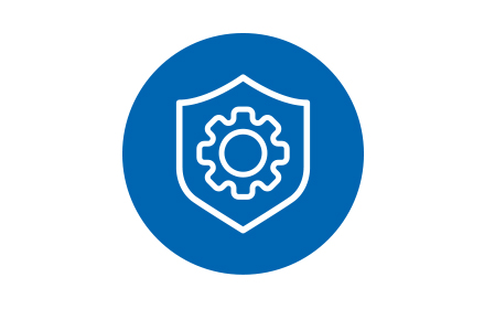 Blue circle with a white icon of a shield featuring a car engine gear representing engine protection from Synergy Fuel.