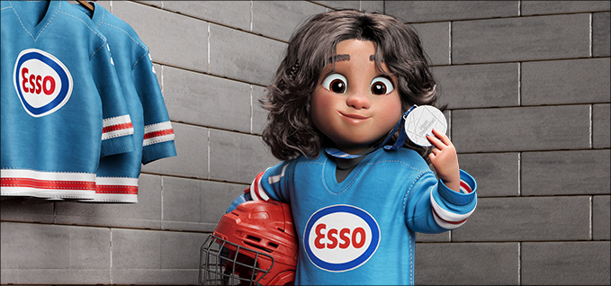 An animated character of a young girl on a grey background. She wears a blue Esso hockey jersey and holds a medal.