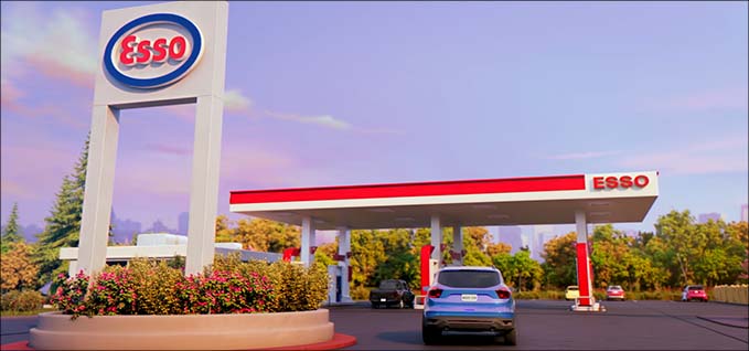 A blue SUV drives into the driveway of an animated Esso station.