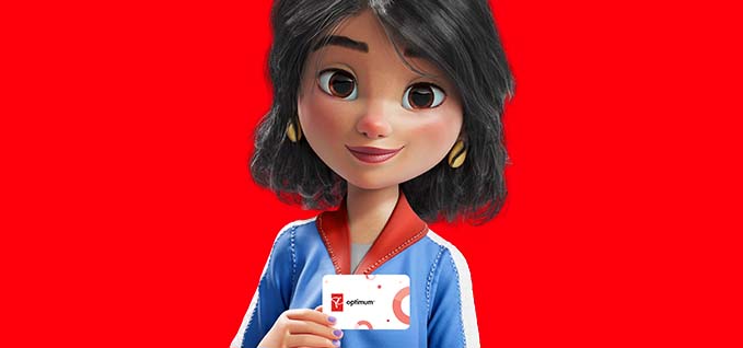 Animated character of woman in her 40s on a red background. She is holding a PC Optimum card in her hands.