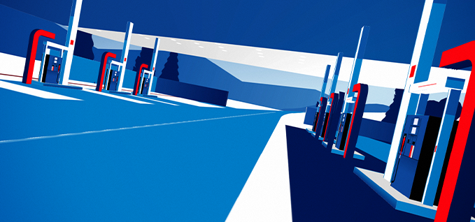 Image of Esso and Mobil fuel pumps with trees in the background.